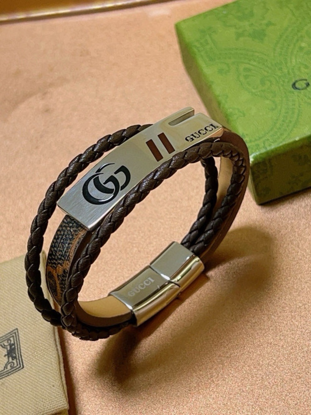 Gucci Brown Braided Leather Double Wrap Bracelet - Picture 2 of 6